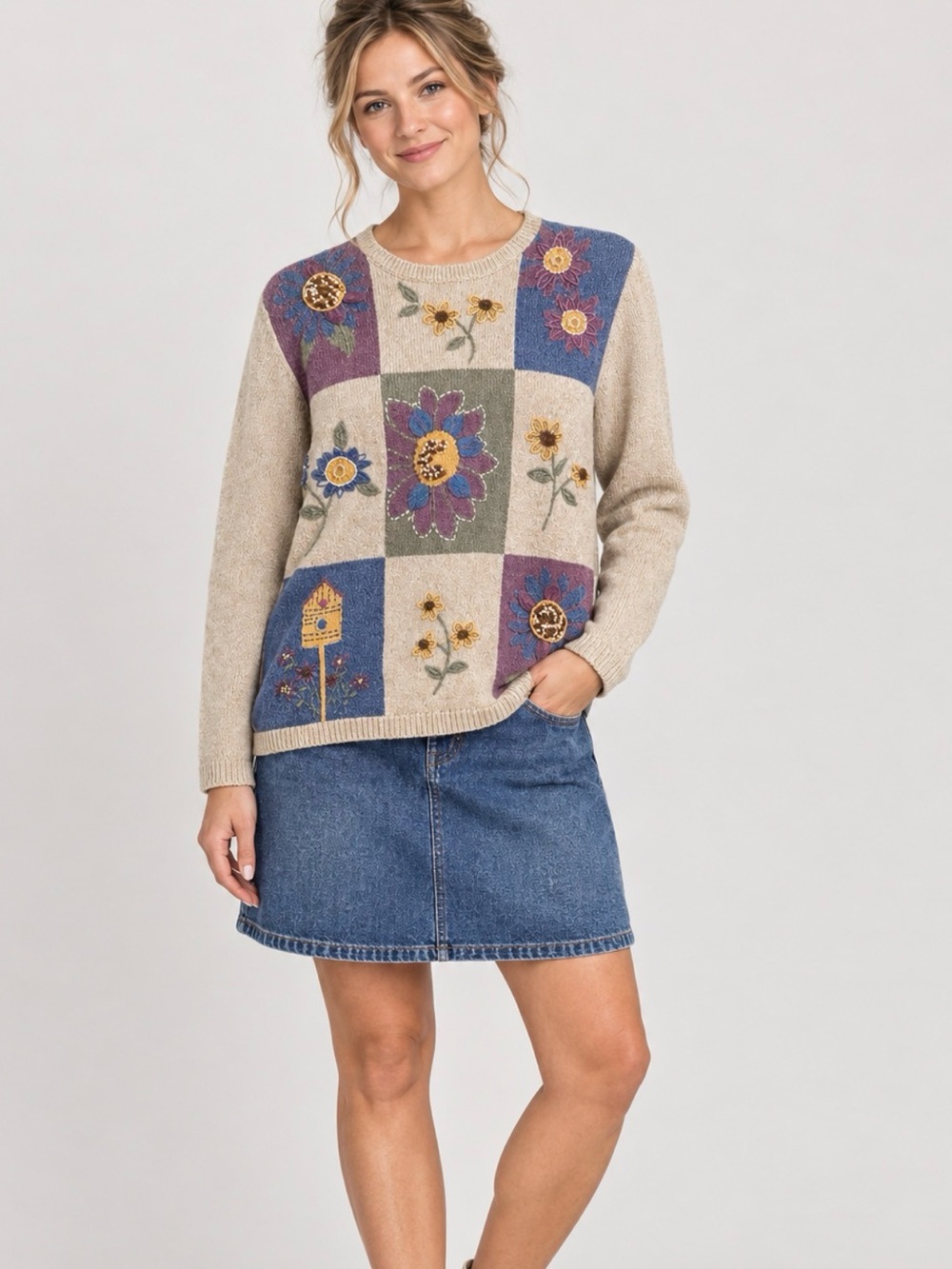 Vintage Alfred Dunner Patchwork Embroidered Flowers Birdhouse Sweater Size S